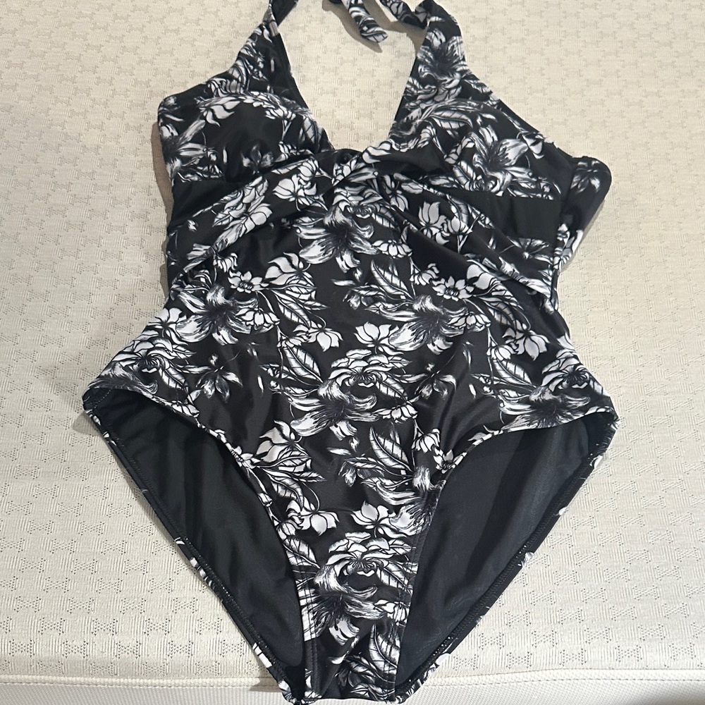 Girls' Black & White Floral Halter One-Piece Swimsuit
